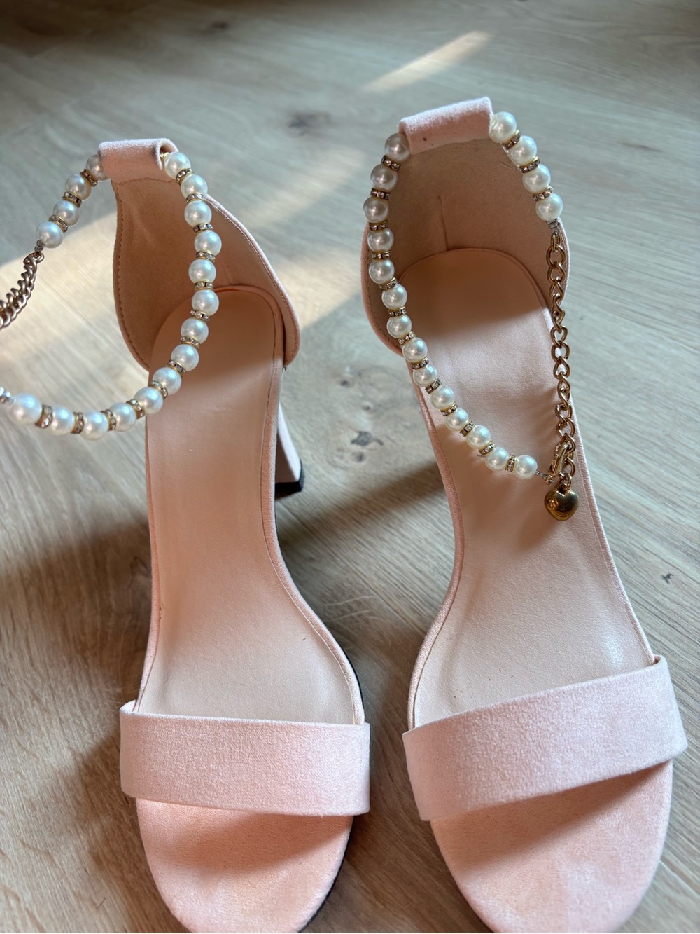 Women's Blush Pink Pearl-Ankle Strap Heels